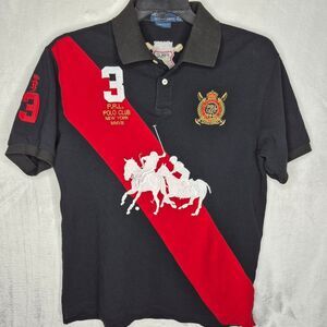 Black Polo Shirt with Red Stripe and Embroidery